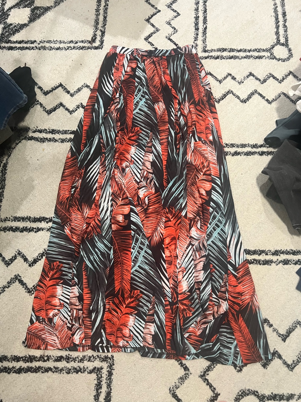 Tropical Palm Print Maxi Skirt - Red & Teal